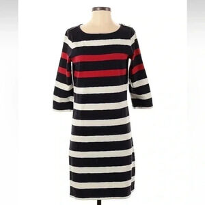 Vintage Lands’ End Red Blue Cream Striped Cotton 3/4 Sleeves Dress Size S Small